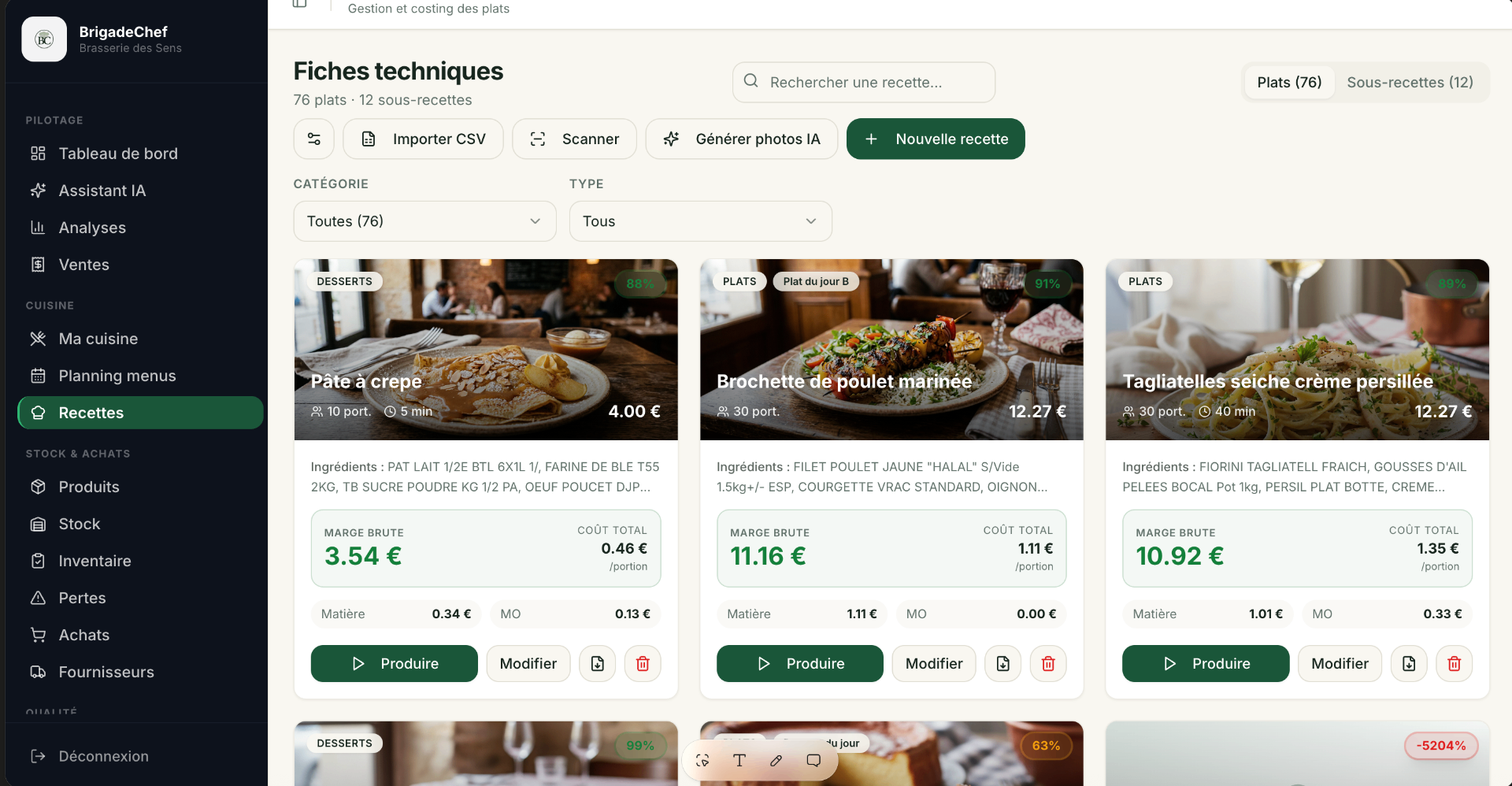 Aperçu de l'écran Recettes & fiches techniques de BrigadeChef.app