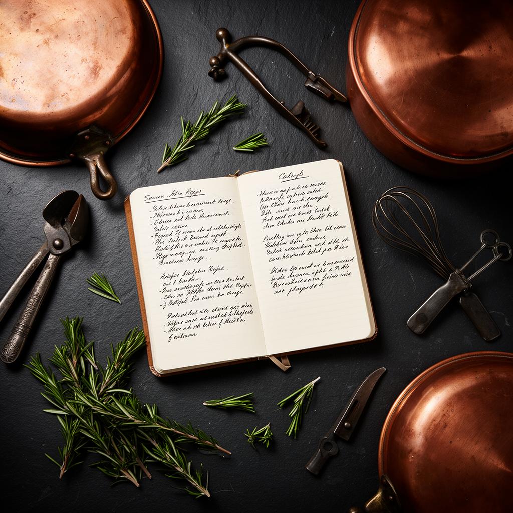 Carnet de recettes manuscrit et ustensiles de cuisine vintage